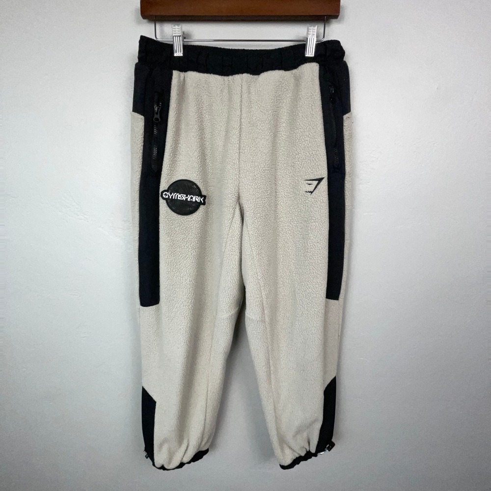 Gymshark Pants Mens S White Black Fleece Joggers Sherpa Mesh Lined Gym Athletic